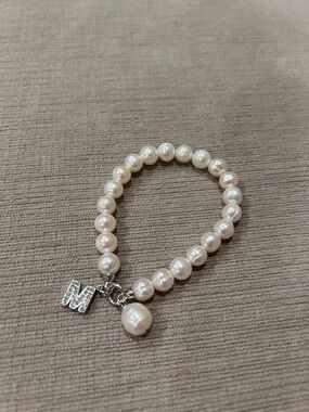 Pearl Bead Bracelet with 925 silver ‘M' Rhinestone Charm - Ivory Pearls